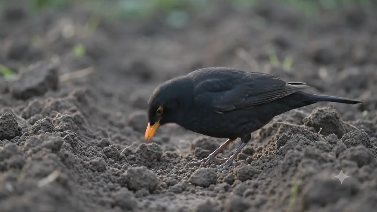Un merle posé au sol, en train de picorer entre les rangs.