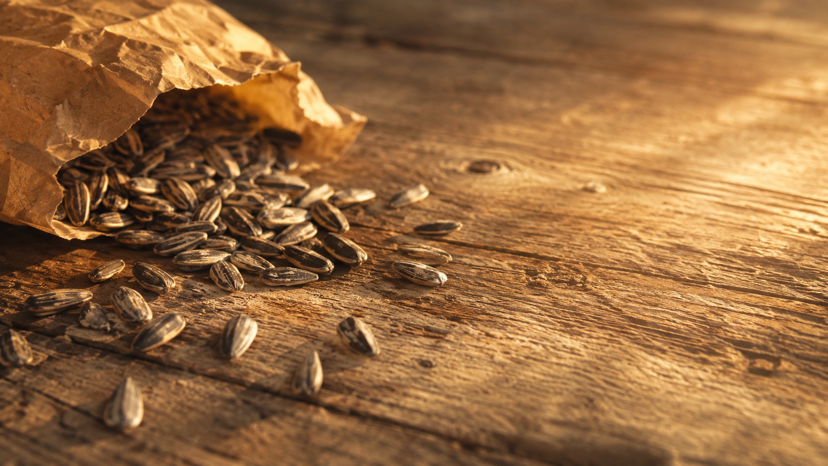 Des graines séchées étalées sur une table en bois, après la récolte.
